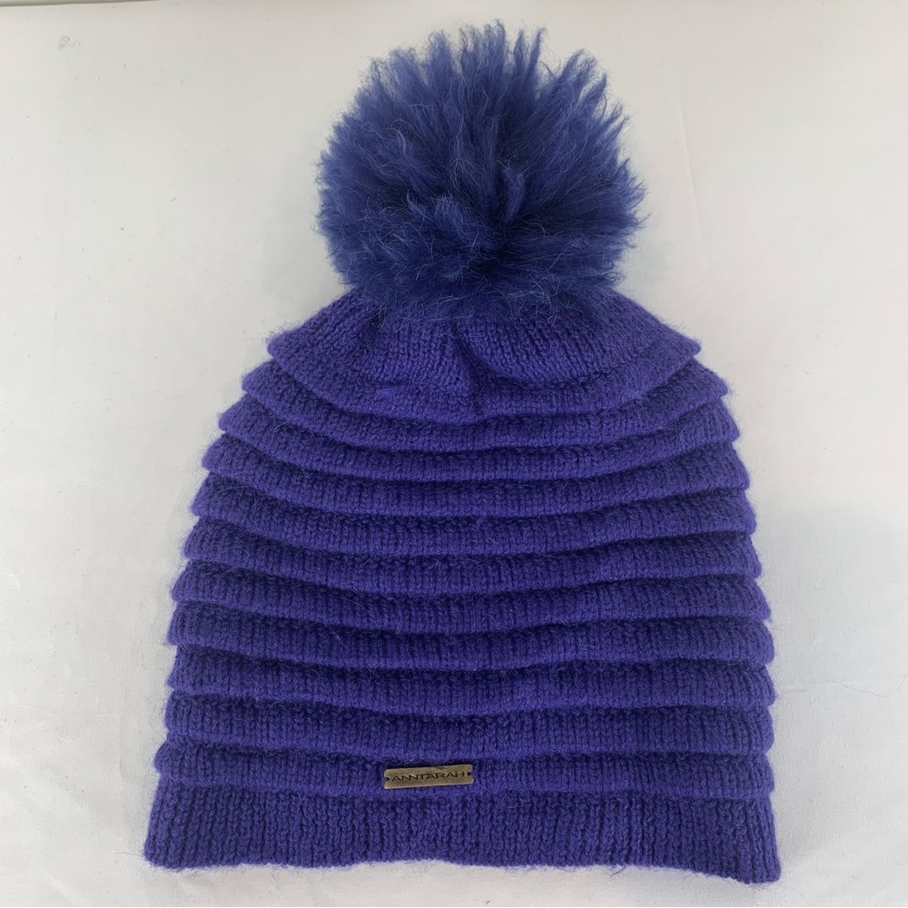 Baby Alpaca Anntarah Knit Hat Purple Fur Pompom Tiered Super Soft Quiet Luxury